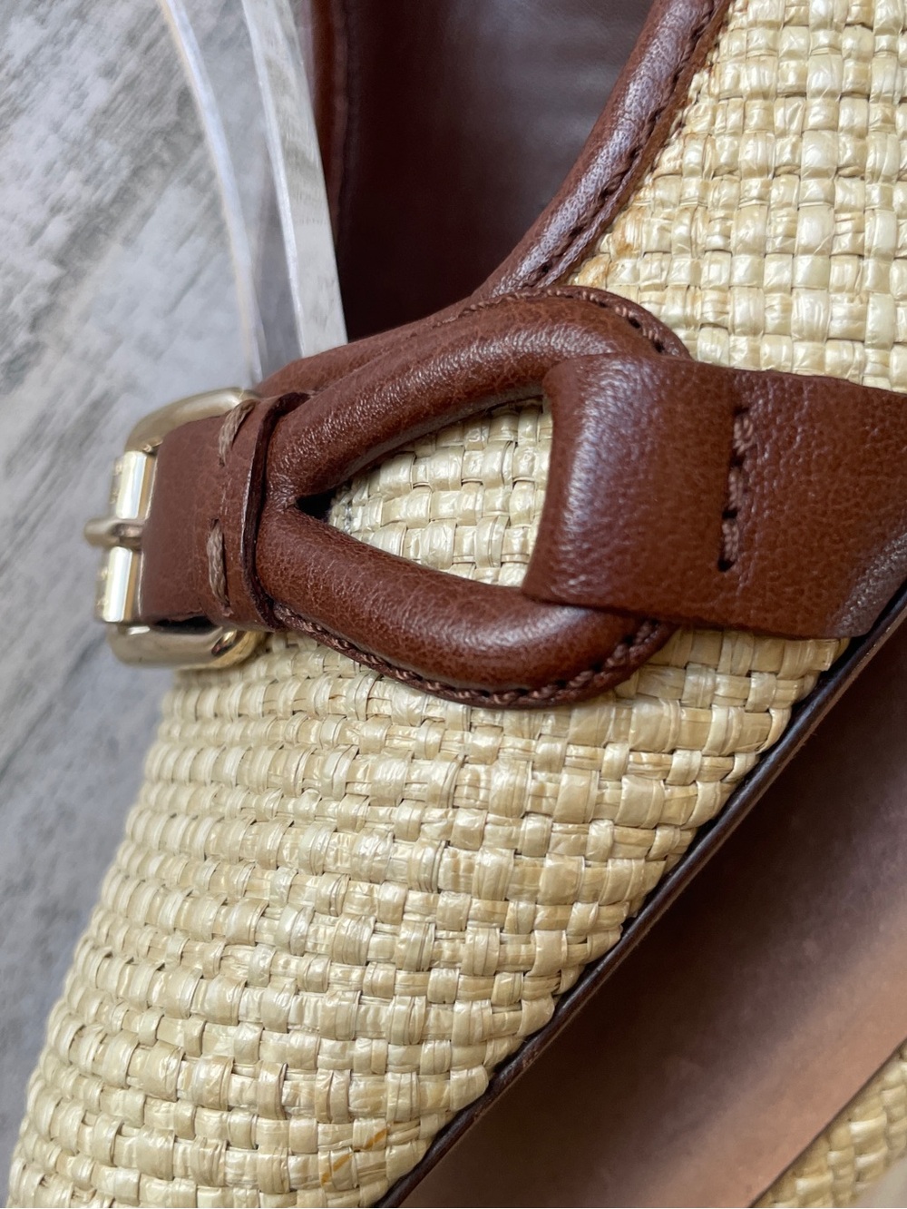 Celine Slingback Heels Brown Leather & Raffia Straw Pointed-Toe SZ 40.5 C US 9.5 - Picture 9 of 14
